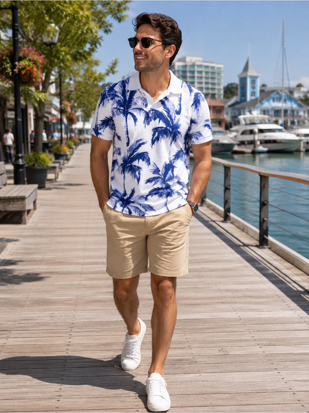 H&M Men’s Tropical Palm Tree Polo Shirt Blue White Cotton XS